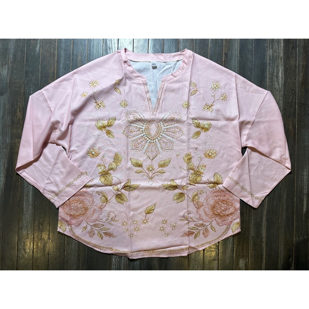 Womens Pink Floral Embroidered Tunic Blouse Split V-Neck Long Sleeve Top